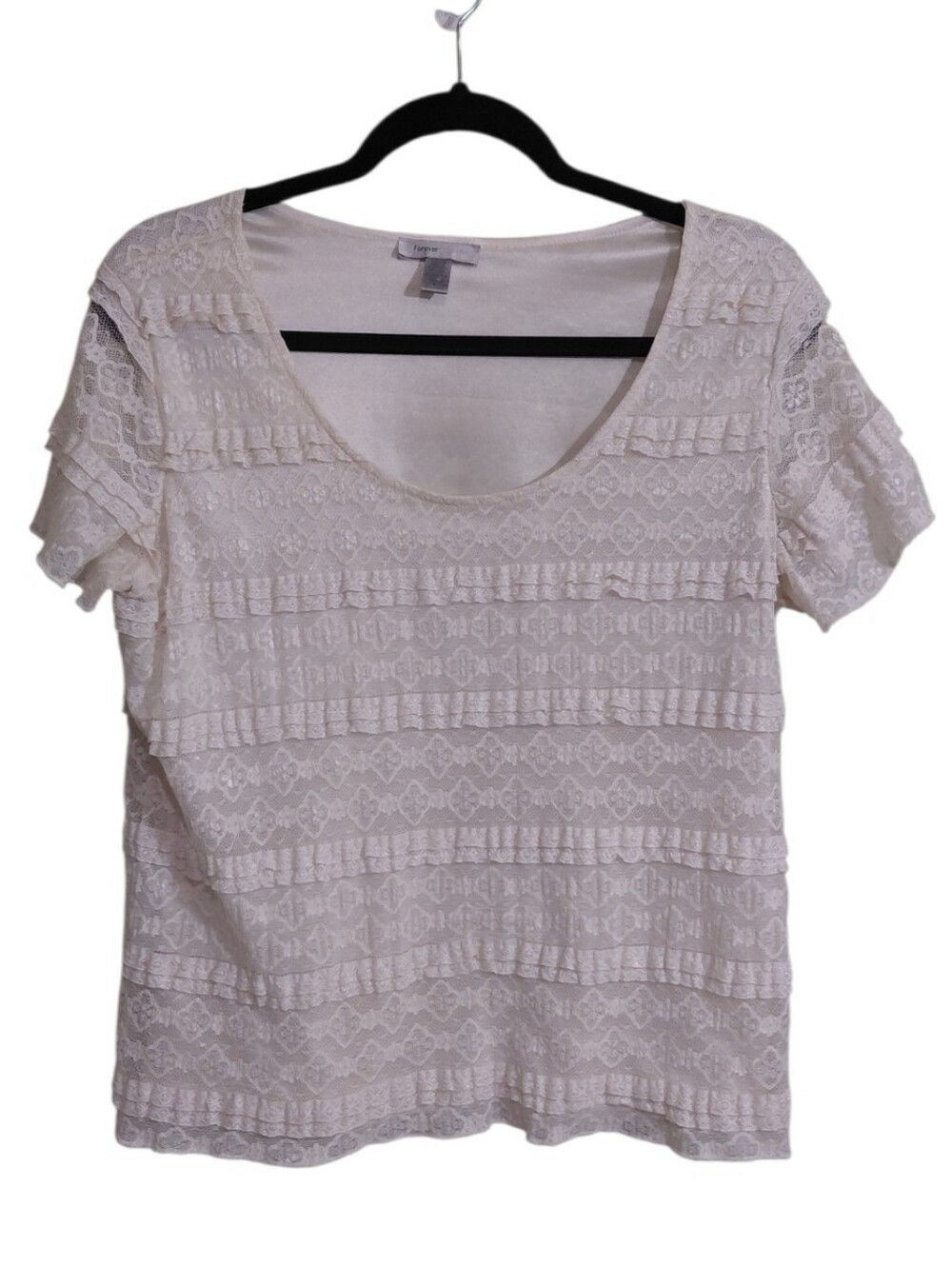 Forever Fashions Cream Lace-Panel Short Sleeve Scoop Tee